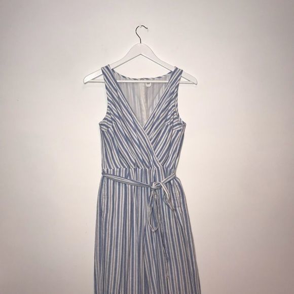 GAP Linen Cotton Jumpsuit Size 4 Blue Striped Apron Wide Leg Cropped - Picture 4 of 9